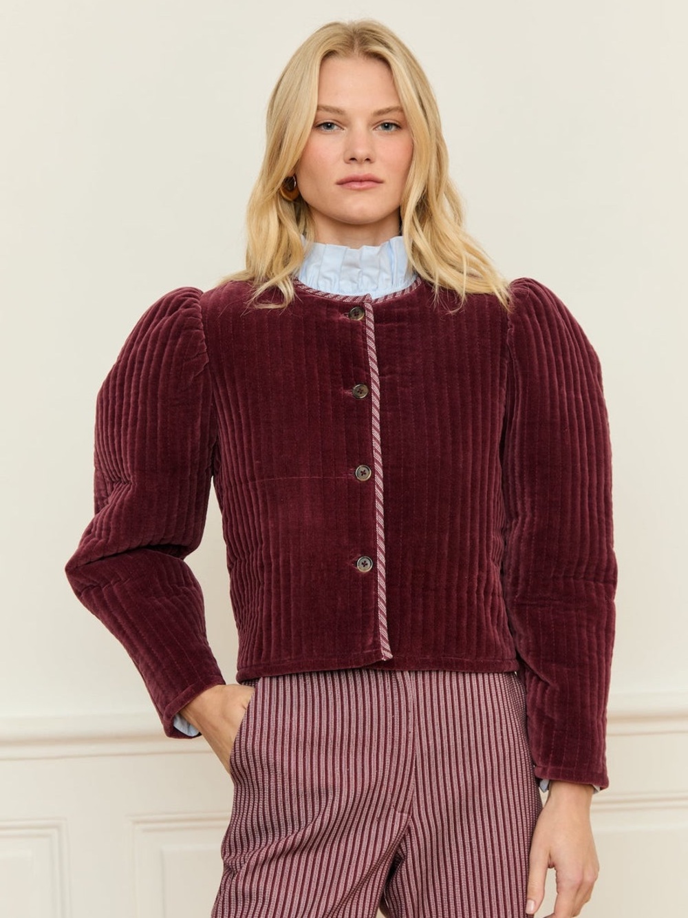 SASSON 100% Wool Mandarin Collar Cropped Stripe Jacket Burgundy Maroon | US M - Picture 10 of 11